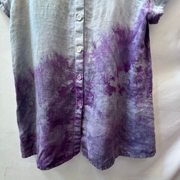FLAX Tie Dye 100% Linen Women's Beachy Look Top Sz P Back Buttons Short Sleeve - Picture 4 of 9